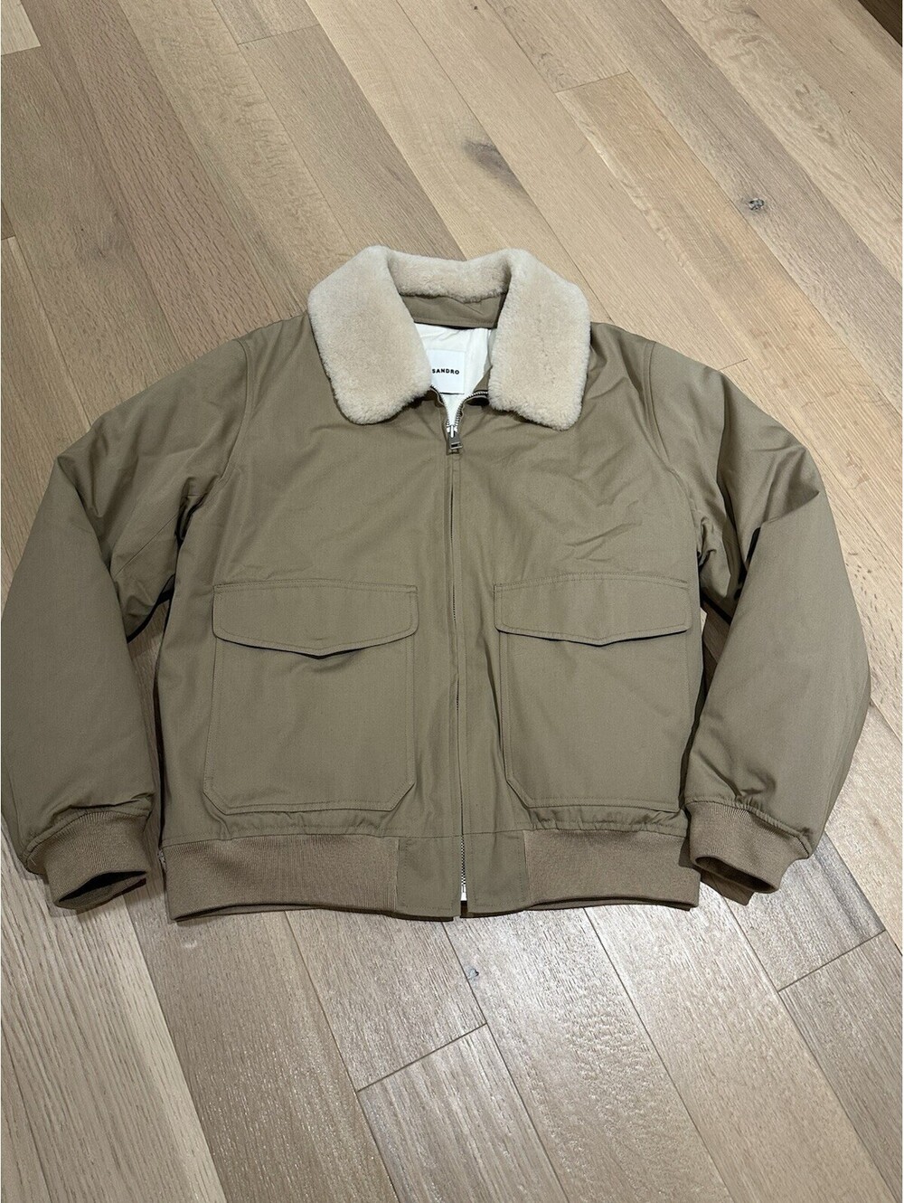 Sandro Men’s Bomber Jacket XXL taupe With Removable Faux Fur Collar